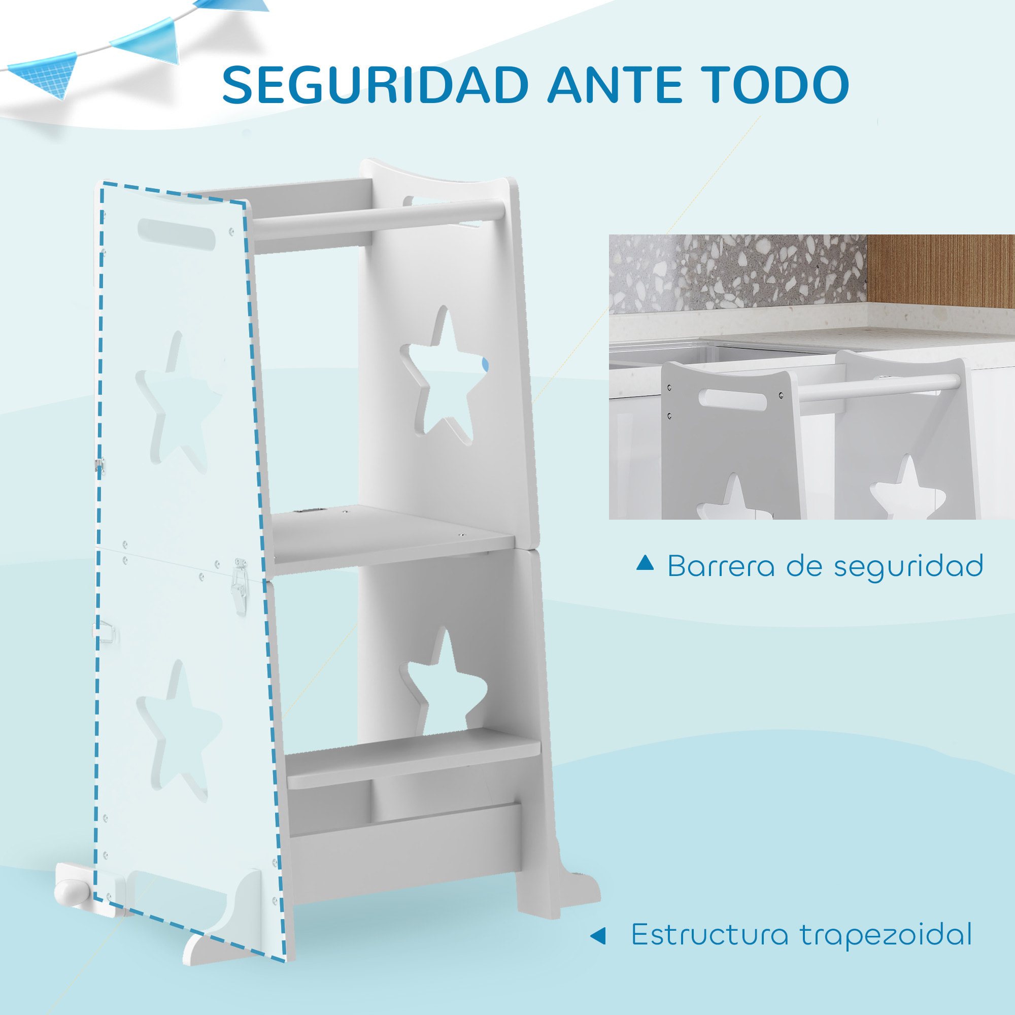 Torre de Aprendizaje 2 en 1 Taburete de Aprendizaje para Niños de +3 Años Convertible en Mesa y Silla con Barra de Seguridad 60x44,5x86 cm Blanco