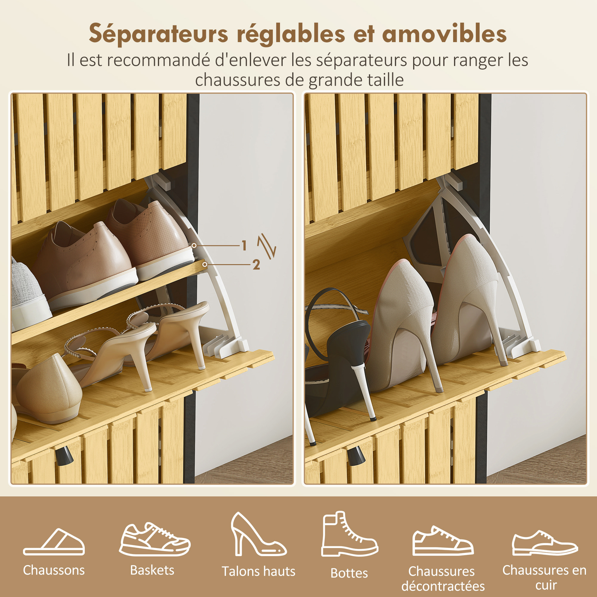 Meuble à chaussures design bambou 3 portes dim. 60x24x118 cm
