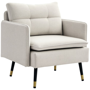 Fauteuil style art-déco dossier effet capitonné piètement incliné effilé métal noir extrémités dorées tissu blanc cassé