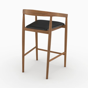 Lot de 2 chaises de bar 77 cm en teck vernis et assise en cuir noir - Bali