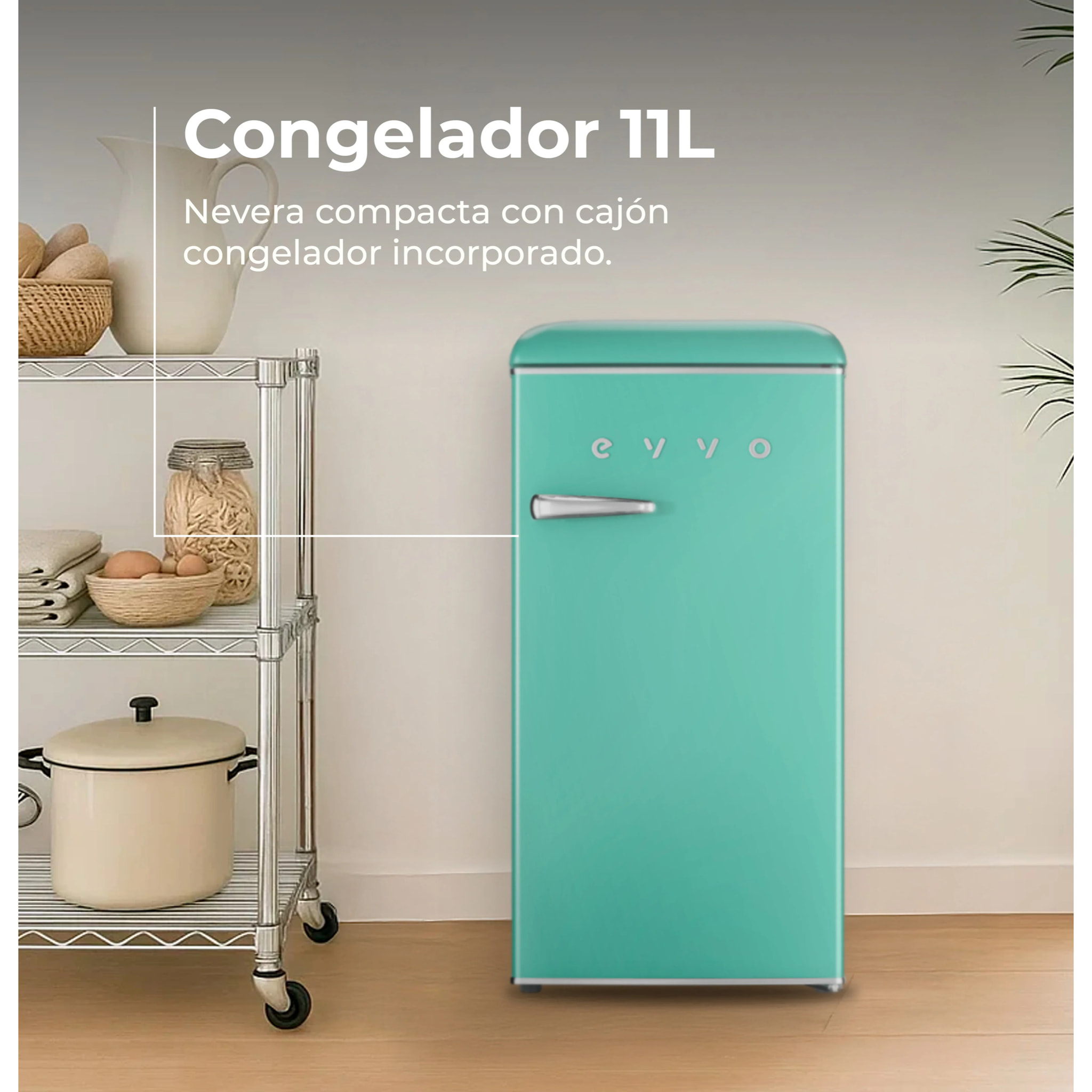 EVVO Frigorífico Mini F26 Retro Verde Aquamarina, 95 l, vintage, bajo consumo, silencioso