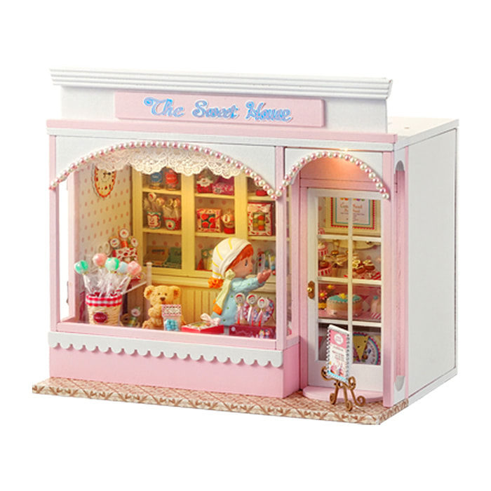 Tienda de dulces. Maqueta 3D con diseño de panel de puerta abierta, realista con gran detalle y luces led.