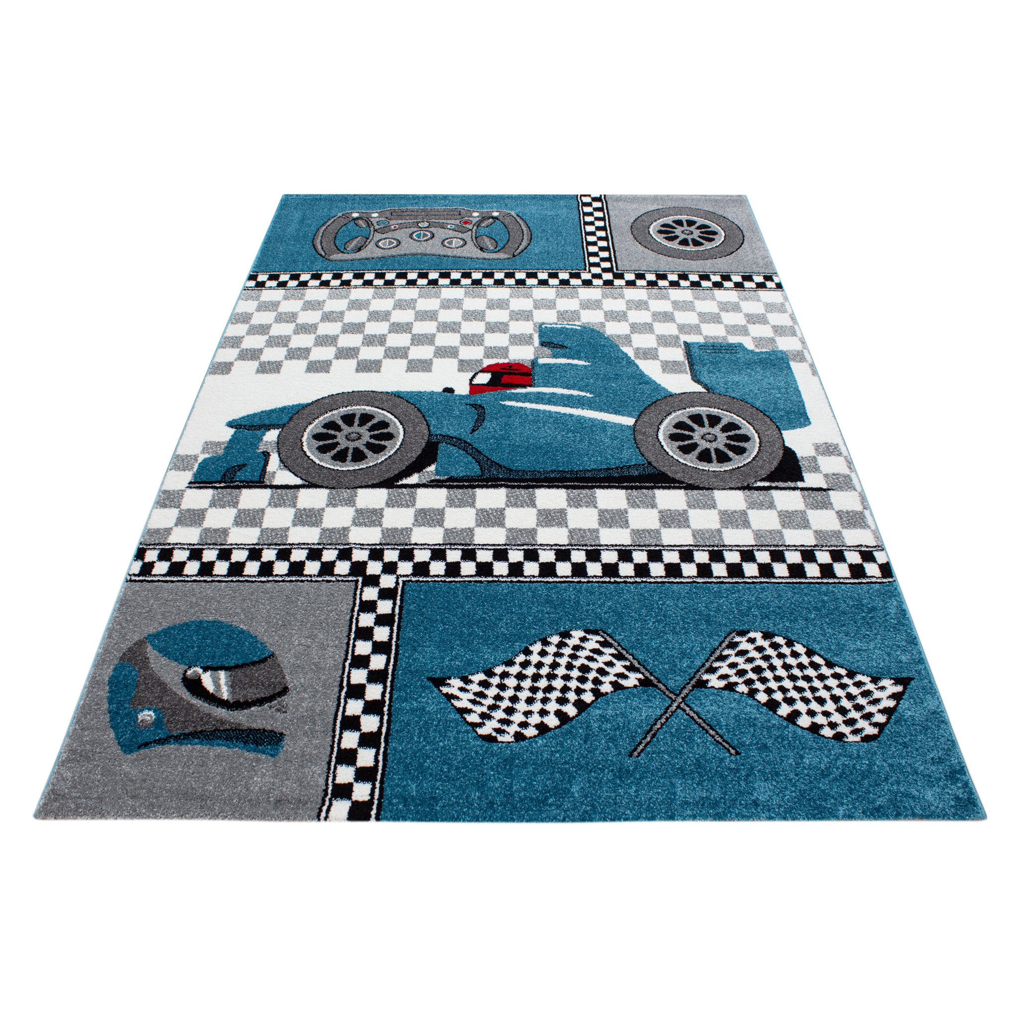 KIDS - Tapis enfant à motif voiture de course bleu - KID0460BLE