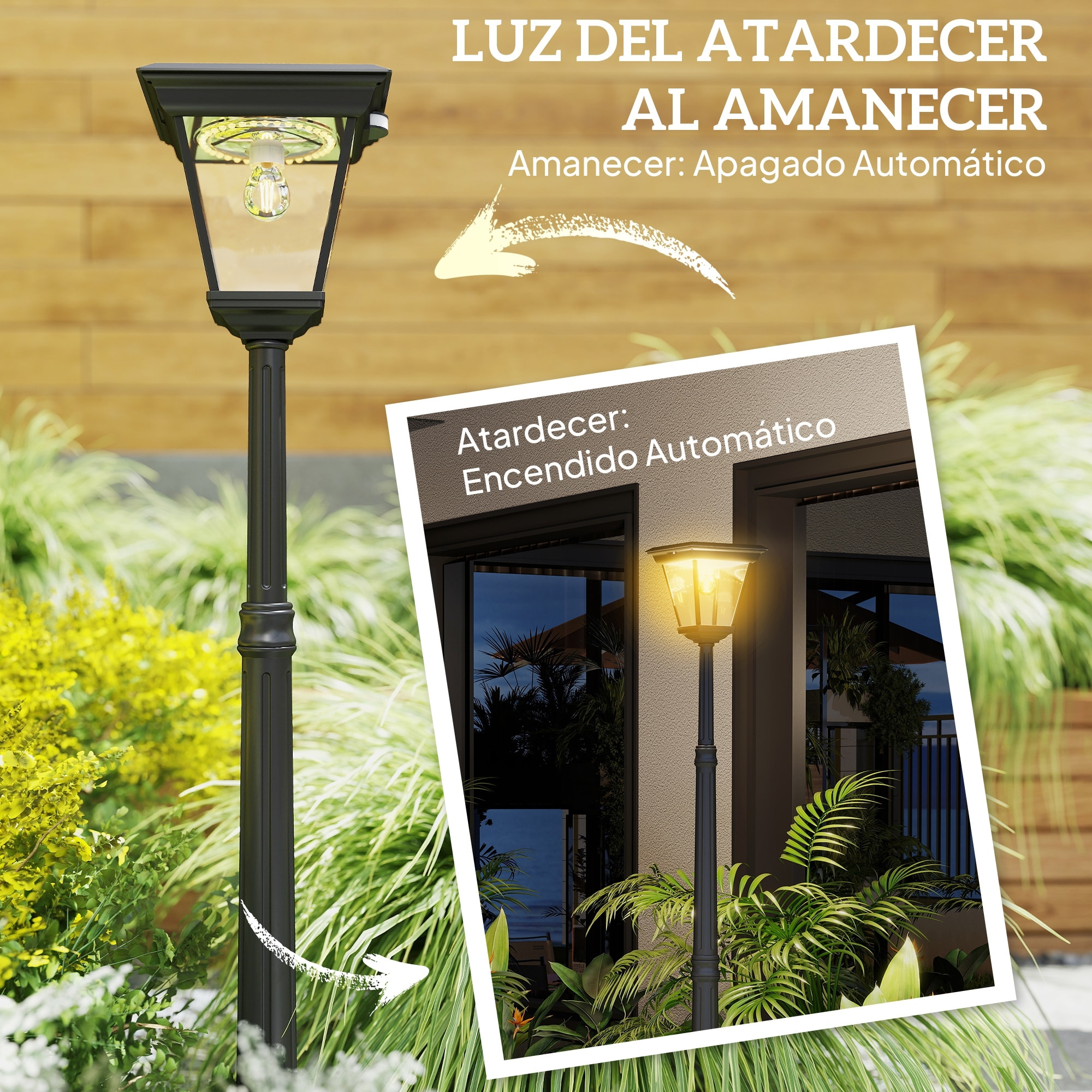 Farola Solar Exterior Luz Solar Exterior Jardín de Aluminio y Vidrio con Panel Solar Luces LED Encendido y Apagado Automático Sensor de Movimiento Impermeable IP44 para Terraza 26x24x220 cm