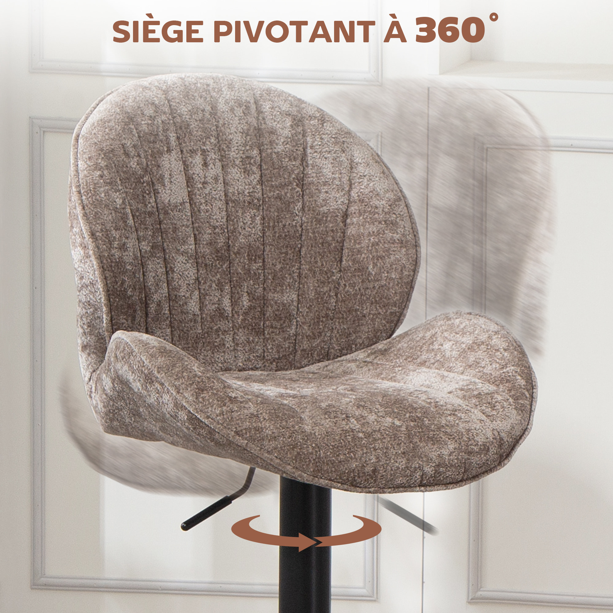 Lot de 2 tabourets de bar design coquillage pivotants réglables acier noir tissu chenille marron