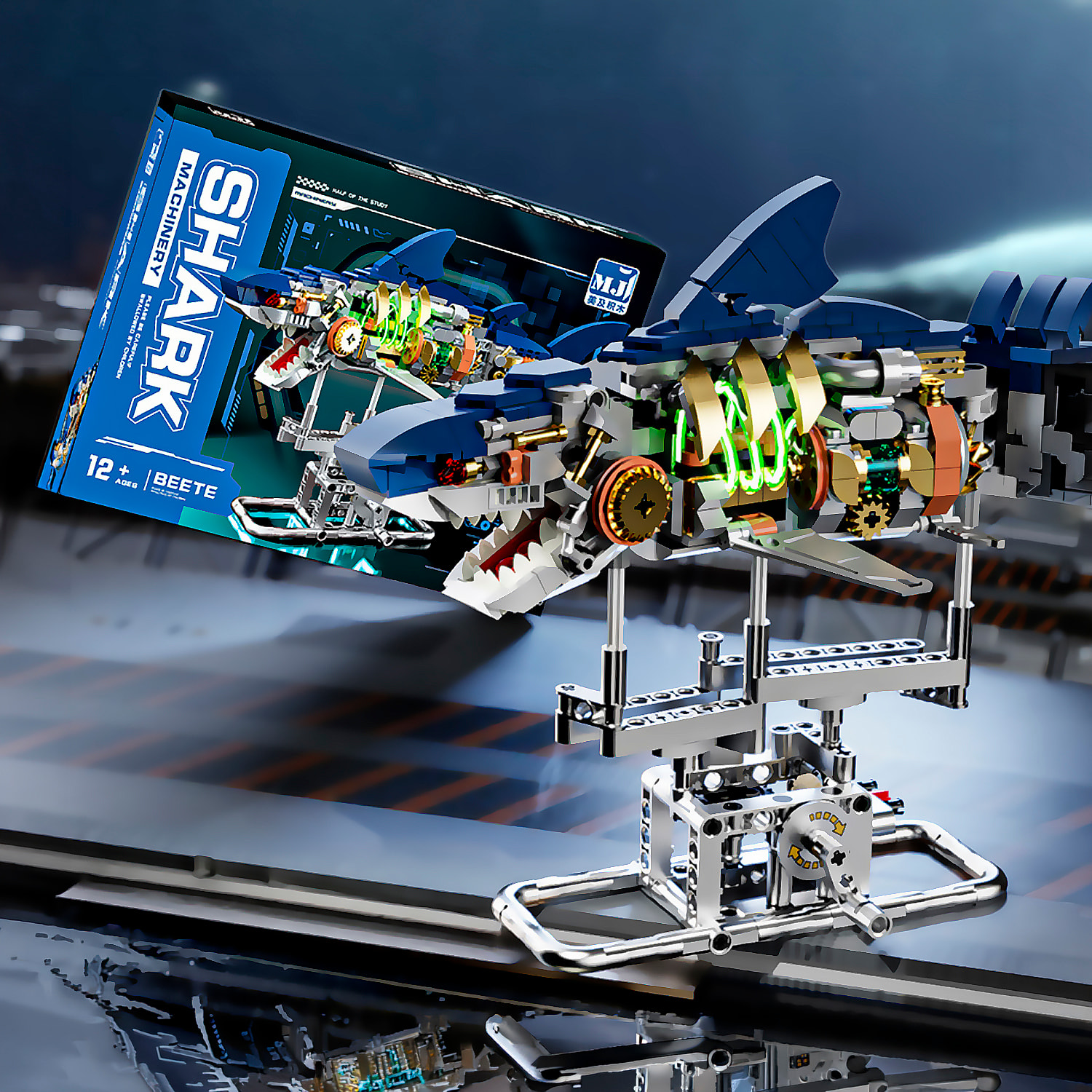 Maqueta 3D mecanizada de tiburón con 687 piezas, equipada con luces integradas y mecanismo de manivela que permite movimiento dinámico.