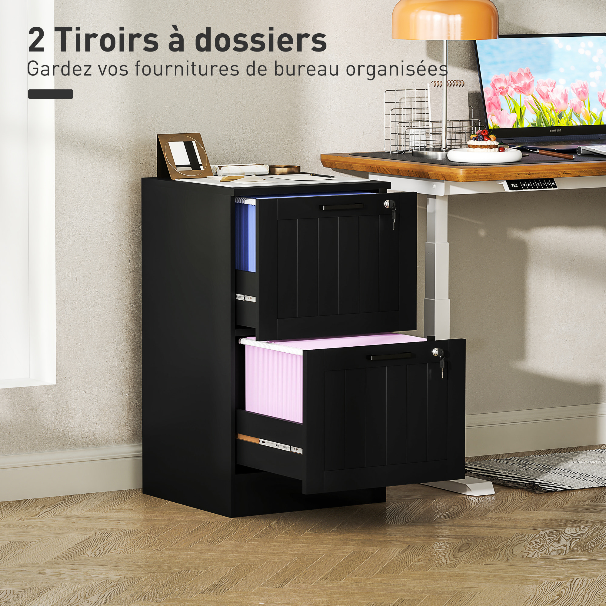 Caisson bureau 2 tiroirs verrouillables dossiers suspendus dim. 40x40x71cm MDF noir