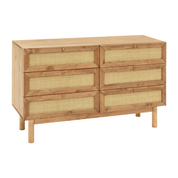 Commode en bois massif et raphia avec six tiroirs ton chêne foncé 76x120cm Hauteur: 76 Longueur: 120 Largeur: 42