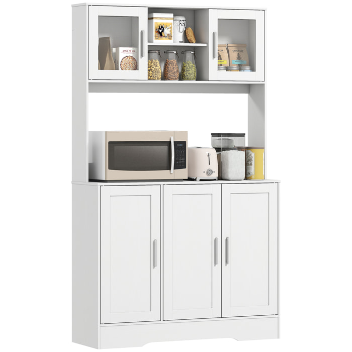 Alacena de Cocina, Mueble Auxiliar de Cocina con 2 Puertas de Vidrio, Encimera Amplia para Microondas, Compartimentos Abiertos, Estantes Ajustables, 108x35x180 cm, Blanco