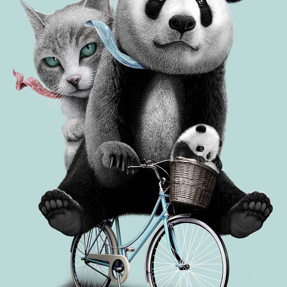 Affiche enfant amis à bicyclette  Affiche + cadre en bois - Chêne