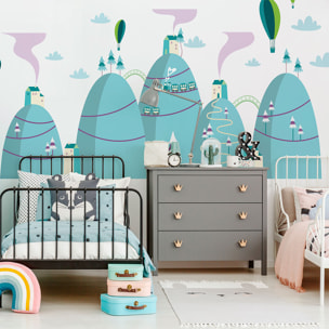 Stickers muraux enfants - Décoration chambre bébé - Autocollant Sticker mural géant enfant montagnes scandinaves LÂCHER DE MONTGOLFIÈRES