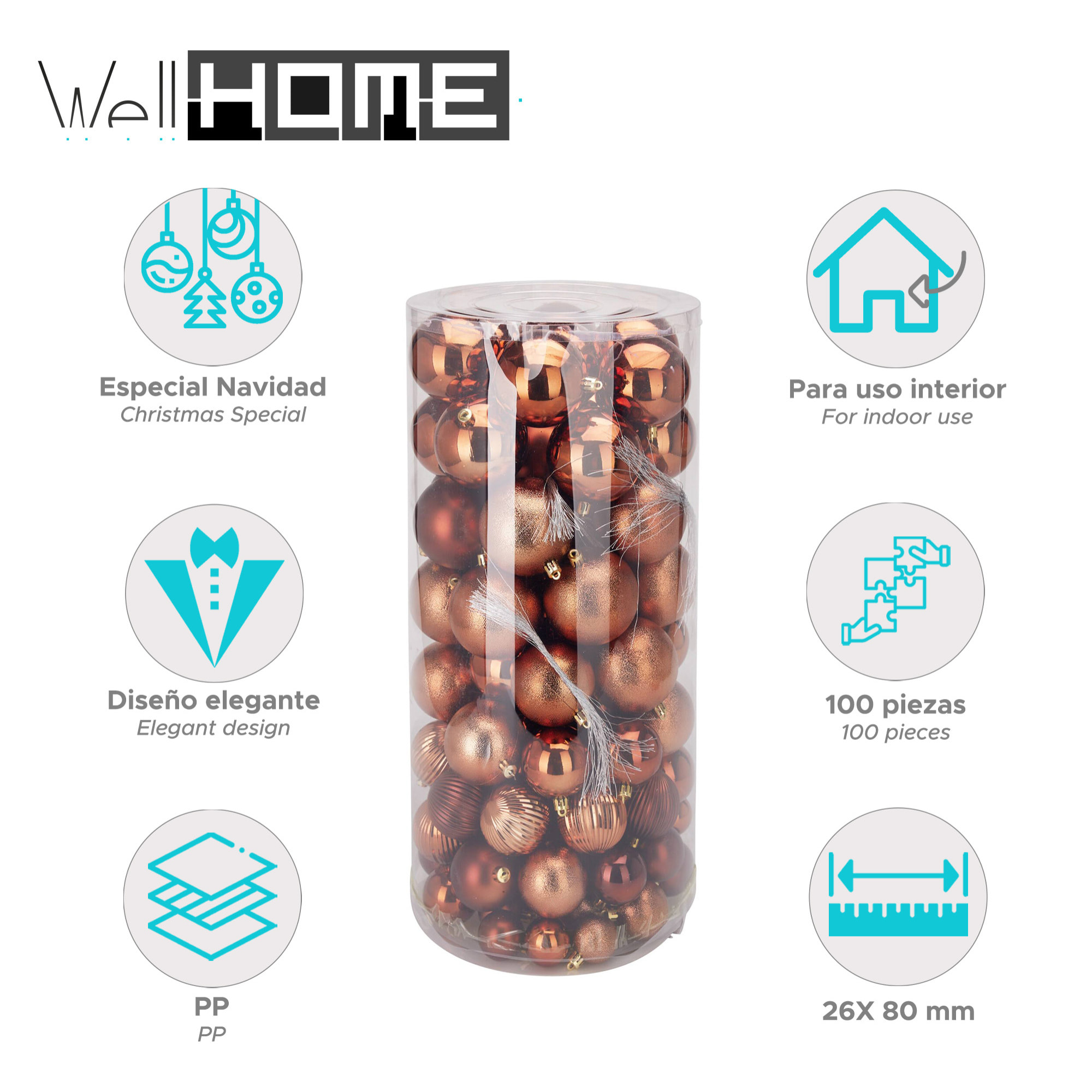 set de 100 bolas de navidad color café pet con diferentes diseños y acabados