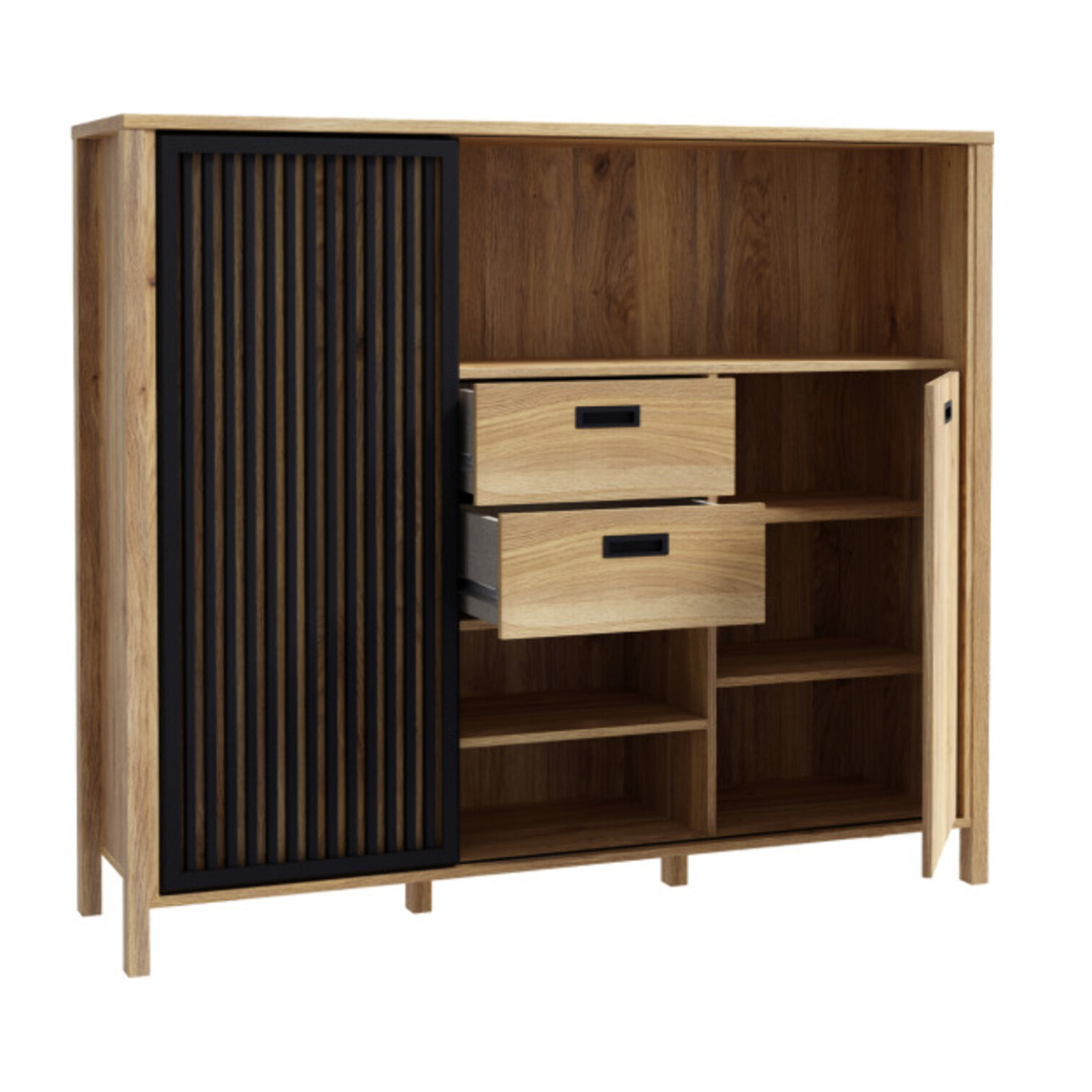 Armoirette L150cm 2 portes 2 tiroirs décor bois chêne et noir - BOSTON