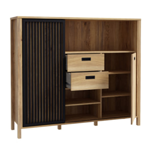 Armoirette L150cm 2 portes 2 tiroirs décor bois chêne et noir - BOSTON