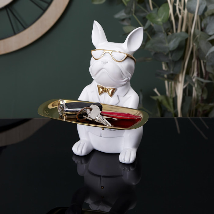 SCULPTURE DECO BULLDOG BLANC VIDE POCHE 23CM M4