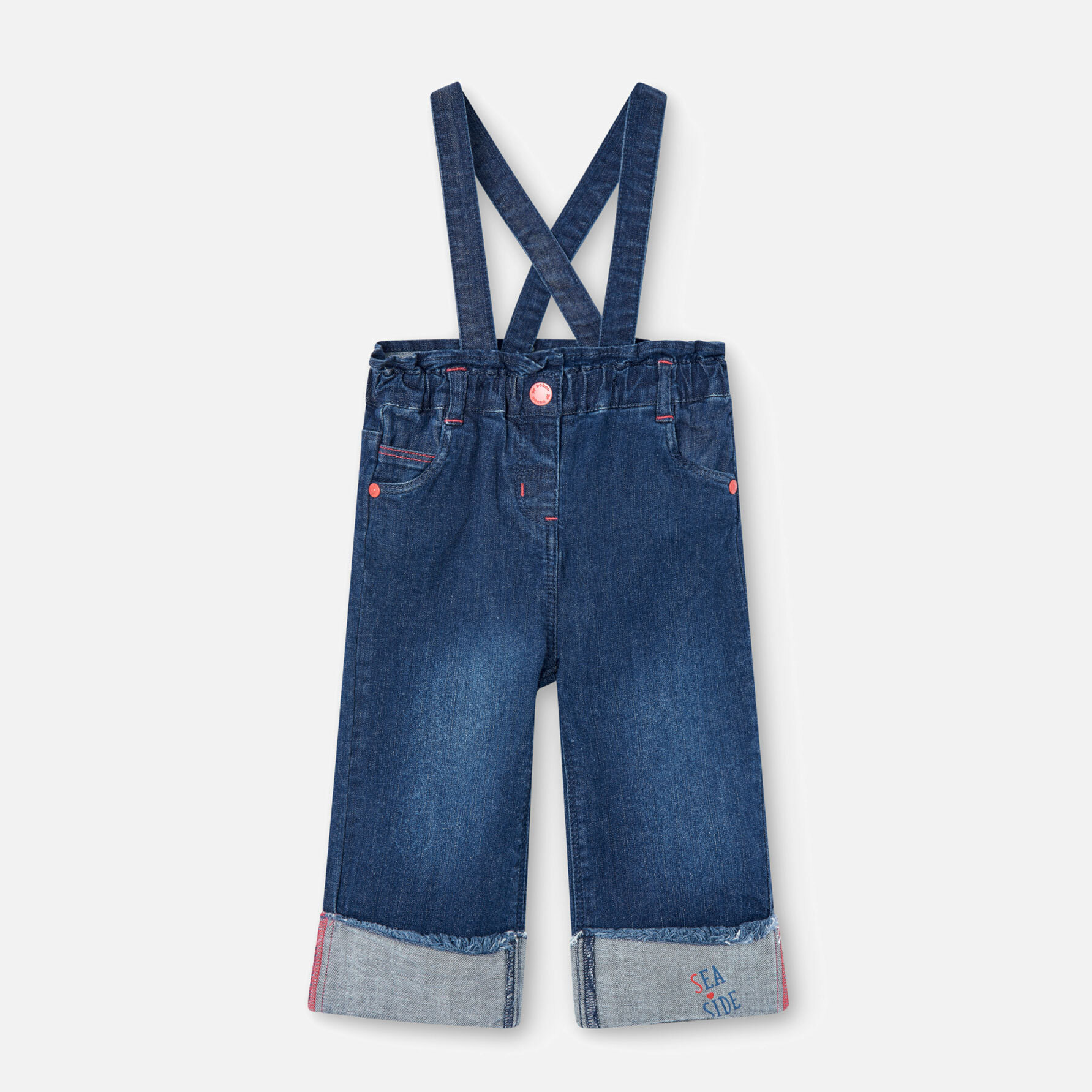 Pantalón elástico niña liso, azul, cierre de corchete