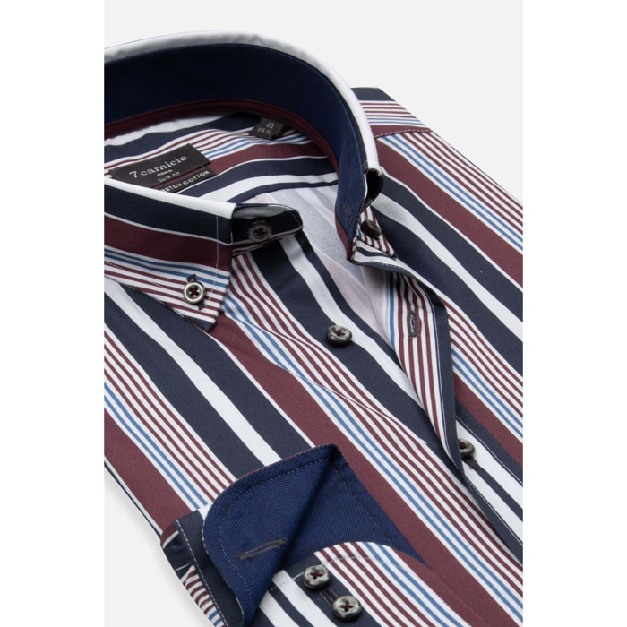 camicia uomo 1 bottone button down slim Popeline Stretch Riga Media Blu/Bordeaux