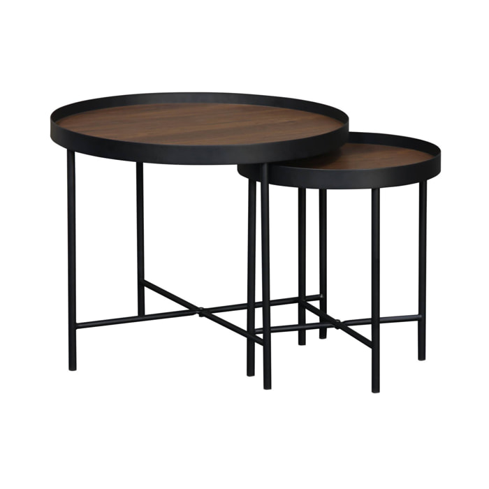 Set de 2 tables gigognes rondes pratiques en MDF effet bois de noyer avec pieds noirs