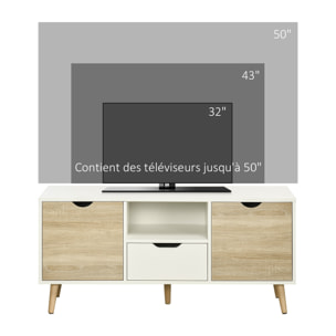 Meuble TV banc TV style scandinave 2 portes tiroir niche piètement bois de pin panneaux blanc aspect chêne clair