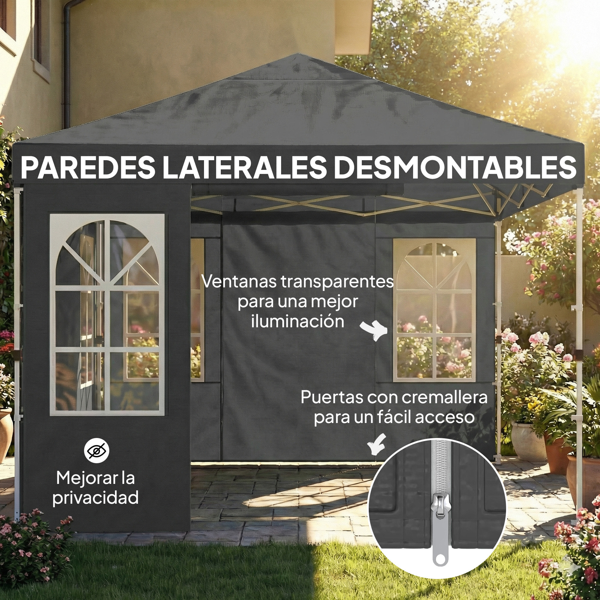 Carpa Plegable 3x3 m, Pop-up, con 4 Laterales Extraíbles, Cenador de Jardín con UPF50+, Bloqueo Central, Altura Ajustable, Bolsa de Transporte, Sacos Arena, Gazebo para Exterior, Gris Oscuro
