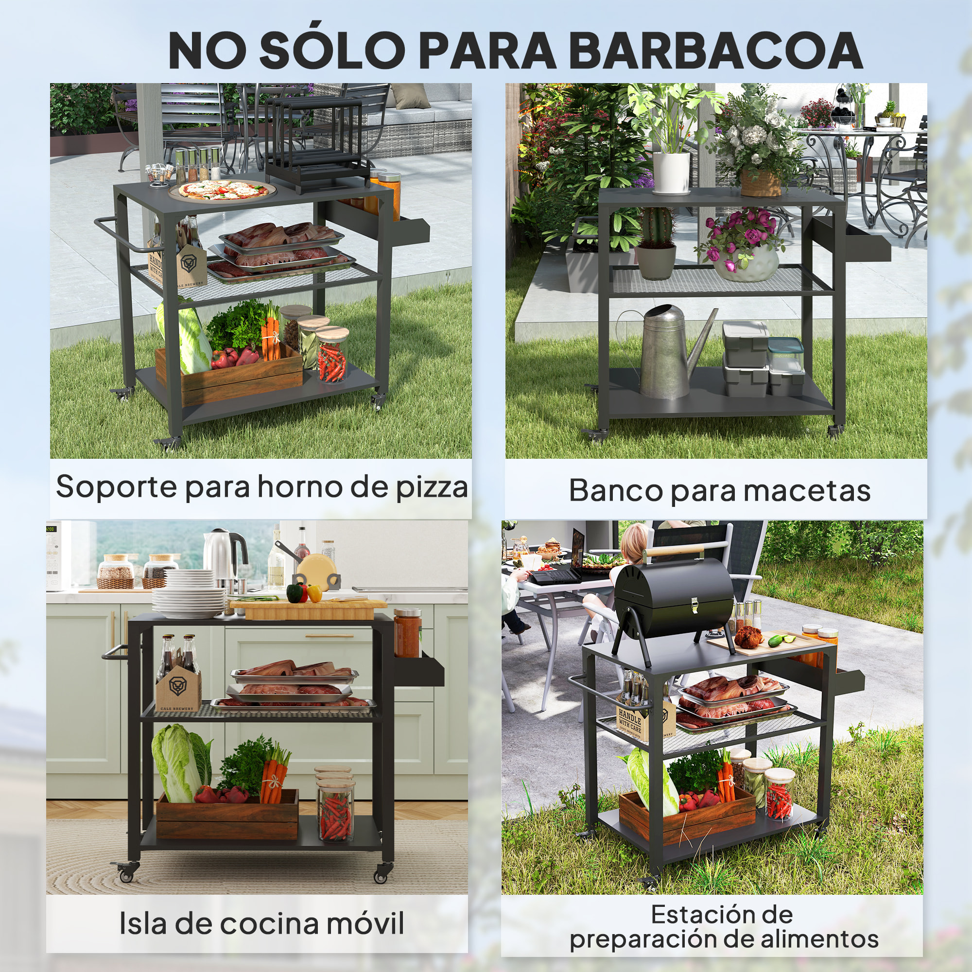 Carrito de Parrilla de 3 Niveles Carrito de Barbacoa Carrito de Servicio con 4 Ruedas Estantes y Asa Mesa de Horno de Pizza para Jardín Patio Negro