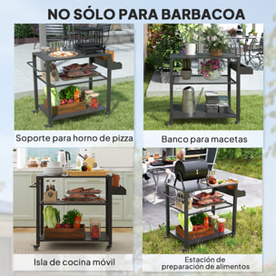 Carrito de Parrilla de 3 Niveles Carrito de Barbacoa Carrito de Servicio con 4 Ruedas Estantes y Asa Mesa de Horno de Pizza para Jardín Patio Negro