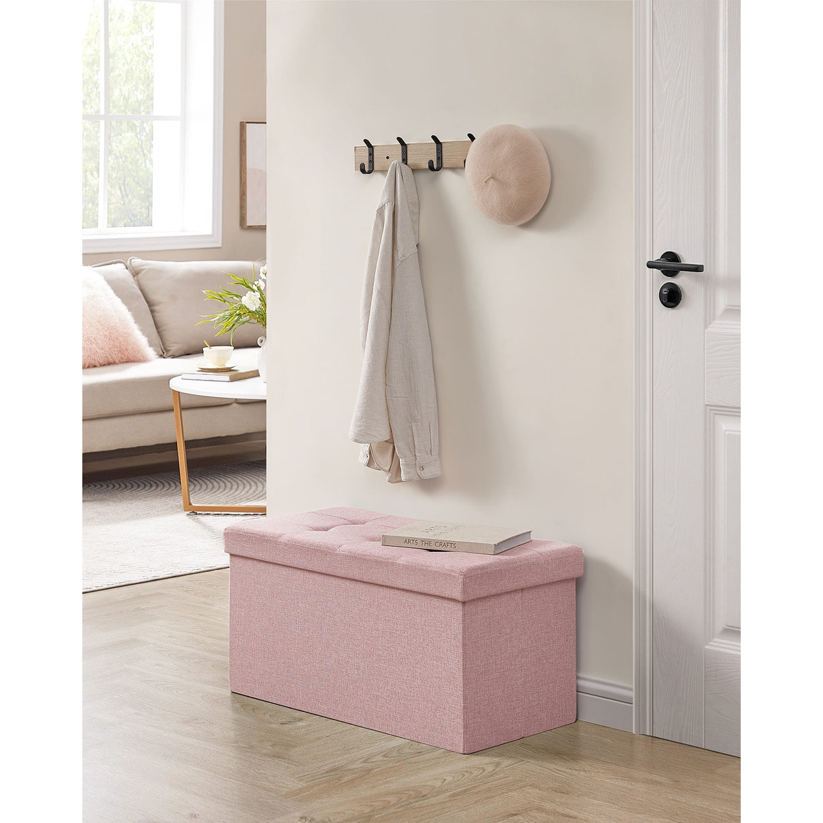 Panca contenitore pieghevole rosa in tessuto effetto lino