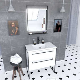 Pack meuble de salle de bain 80x50cm Blanc - 2 tiroirs - vasque blanche et miroir noir mat LED