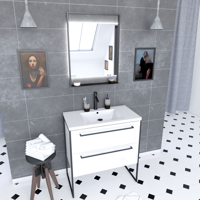 Pack meuble de salle de bain 80x50cm Blanc - 2 tiroirs - vasque blanche et miroir noir mat LED