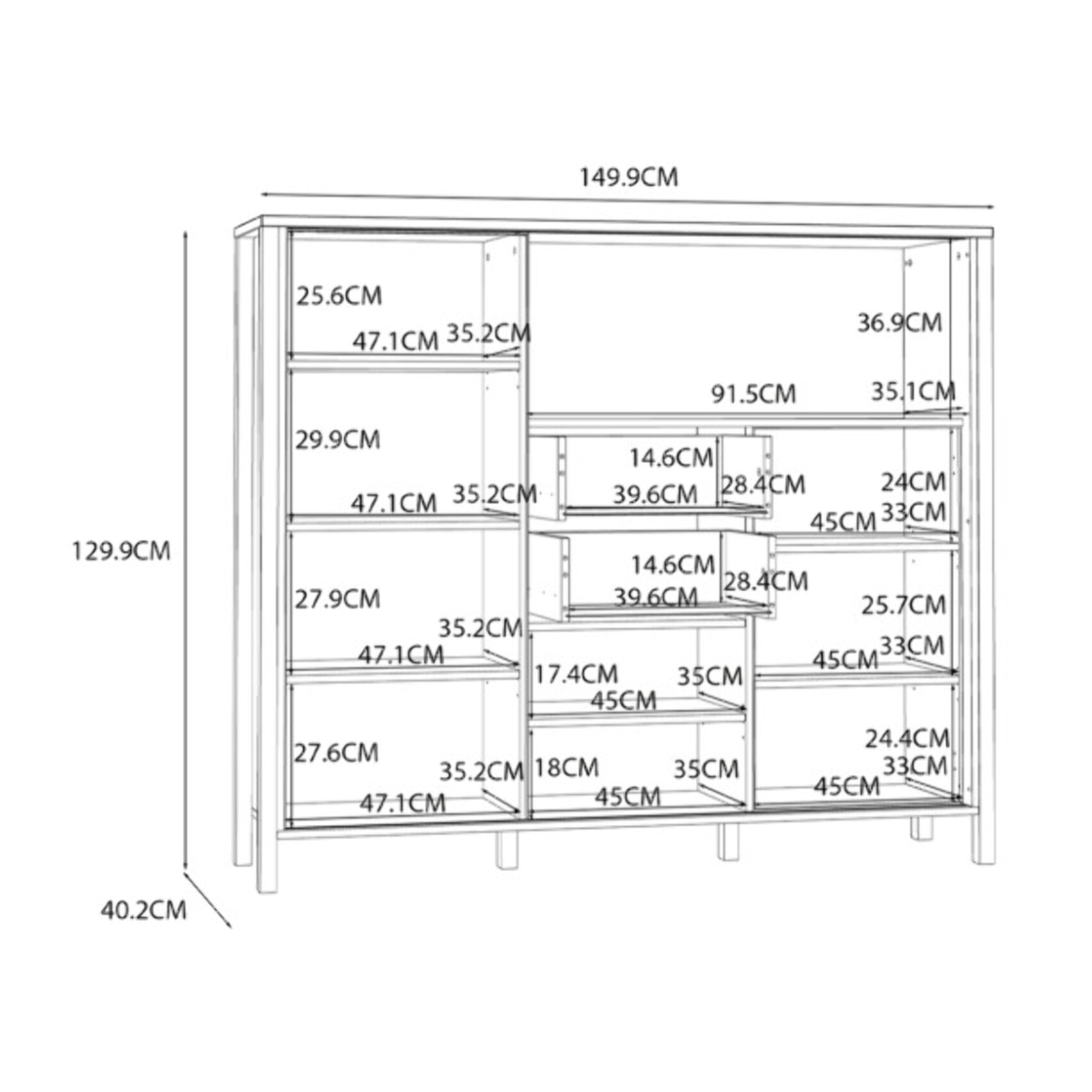 Armoirette L150cm 2 portes 2 tiroirs décor bois chêne et noir - BOSTON