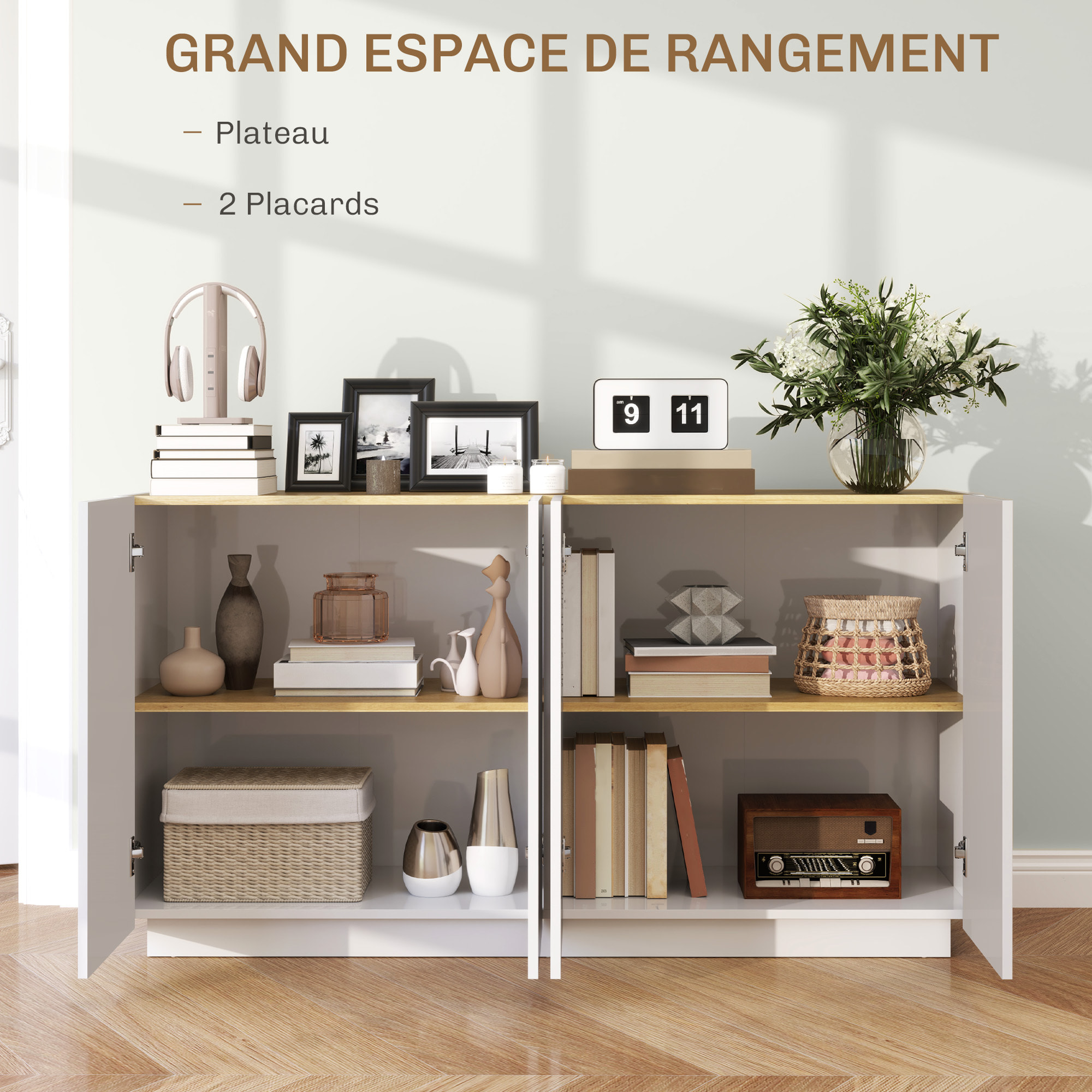 Buffet design contemporain blanc laqué plateau aspect bois clair - dim. 140L x 40l x 75H cm - 4 portes, 2 étagères