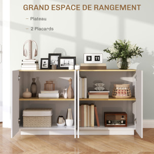 Buffet design contemporain blanc laqué plateau aspect bois clair - dim. 140L x 40l x 75H cm - 4 portes, 2 étagères