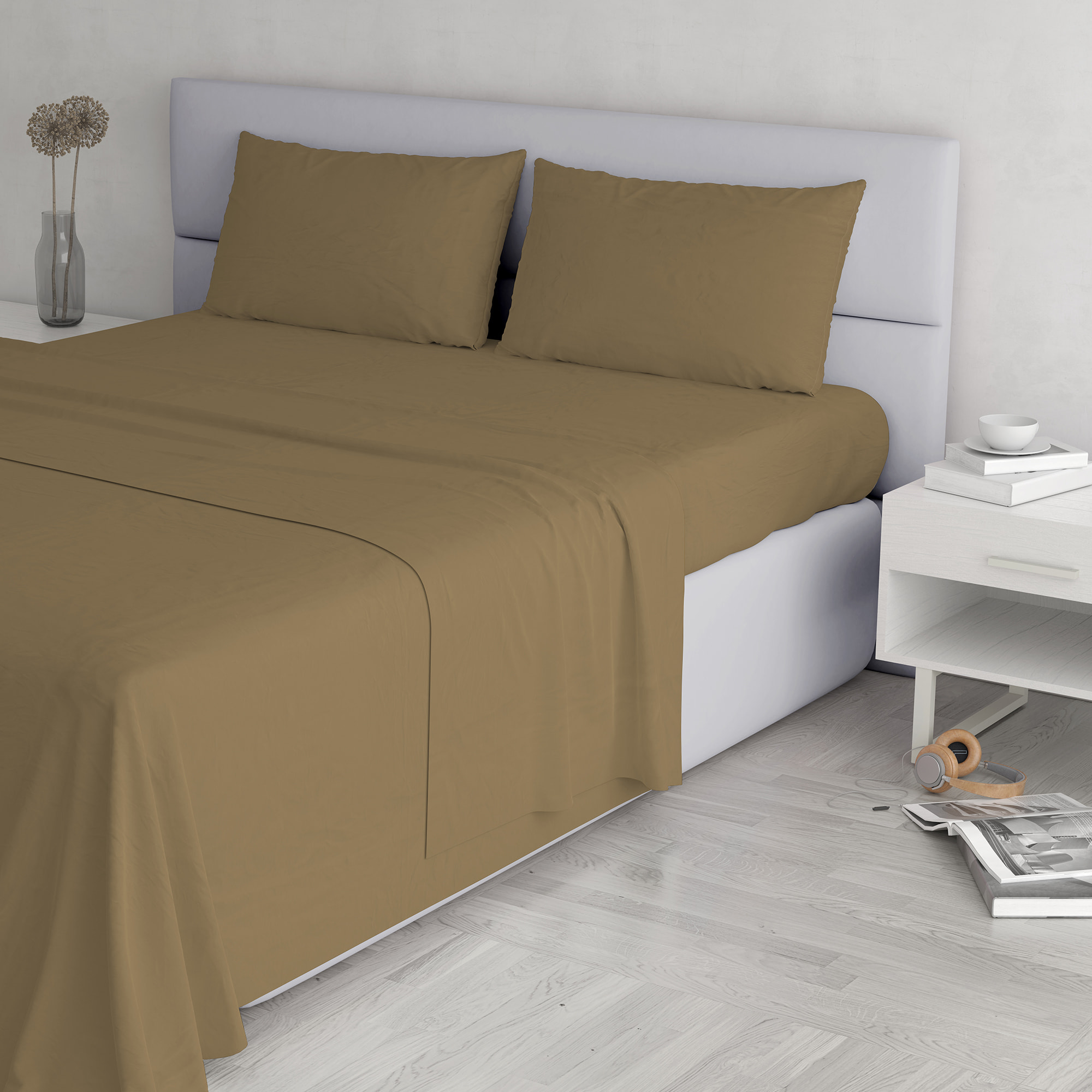 COMPLETO LETTO ELEGANT, 100% Microfibra, No Stiro - NOCCIOLA