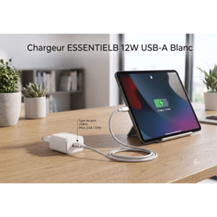 Chargeur ESSENTIELB 12W USB-A Blanc compatible iPhone 17 16 15 Pro Max et Samsung Galaxy