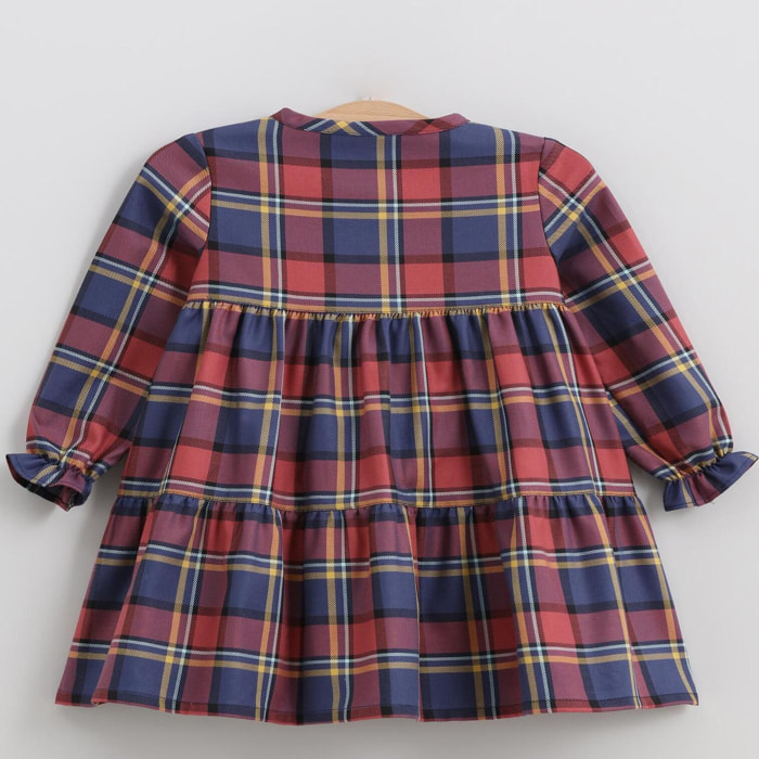 Vestido cortes y lazada cuadros azul y rojo