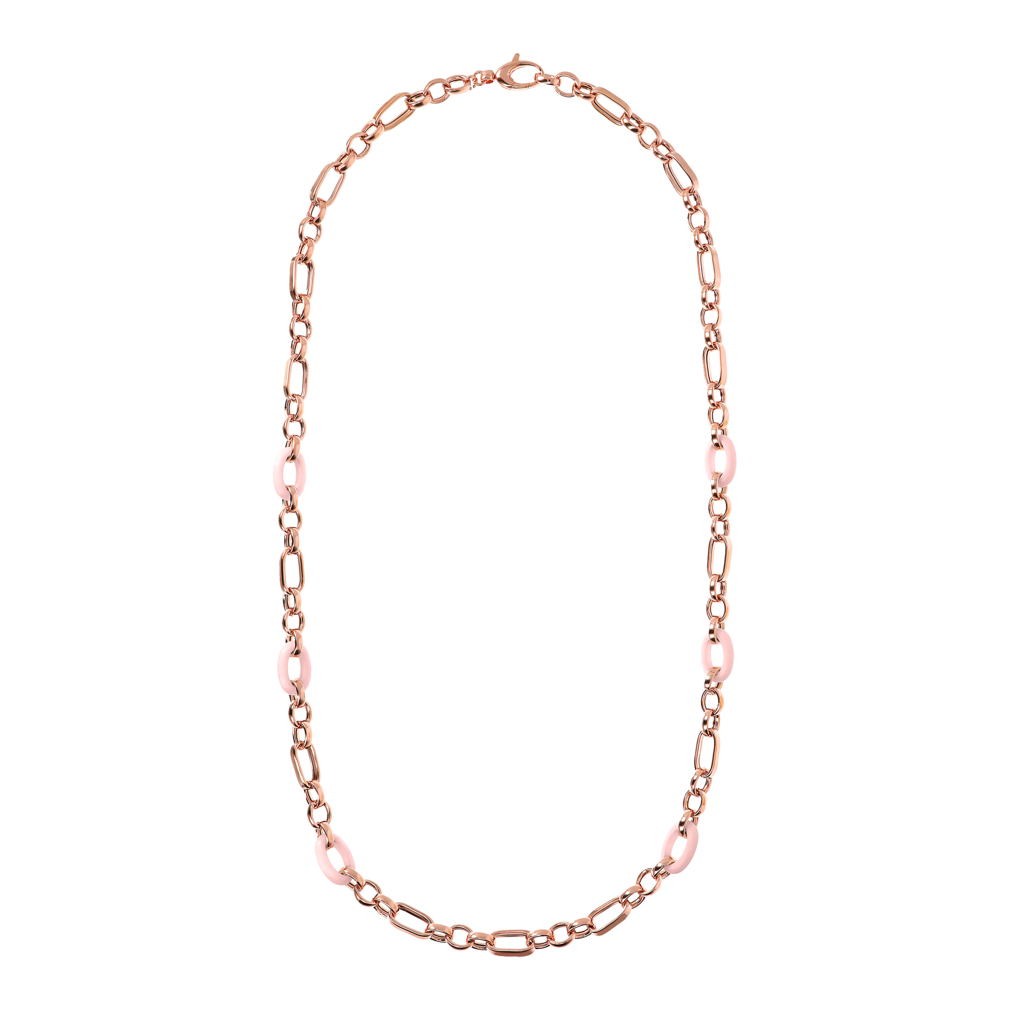 Collana Lunga Catena Figaro con Maglie Ovali in Quarzo Rosa