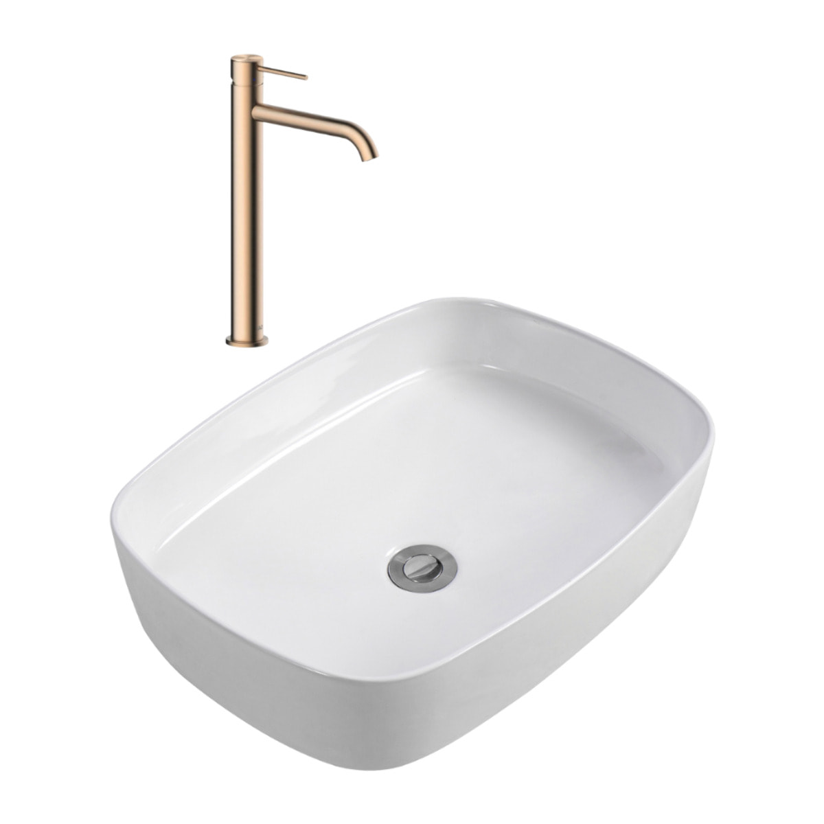 Aurum mitigeur lavabo en inox, or rose + Ceramia PixL 50x37,5x13,5 cm vasque à poser, sans trop-plein, blanc (SAT285BRGCEPX4937)