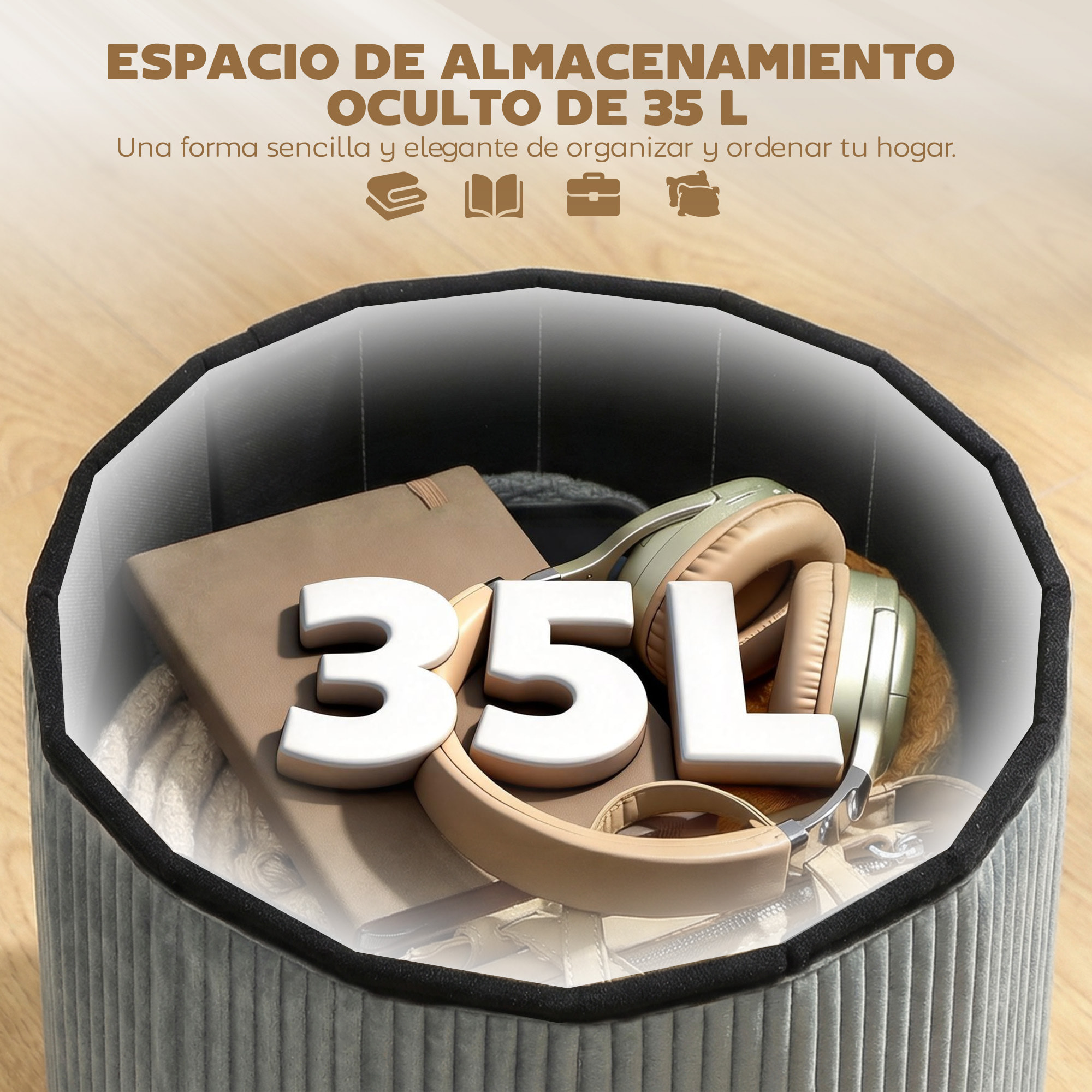 Puff Almacenaje, Banco Almacenaje Plegable, 35 L, 38x38x38 cm, Tapizado en Terciopelo, Baúl de Almacenamiento Redondo, Carga 120 kg, Taburete para Sala de Estar, Dormitorio, Entrada Gris Oscuro