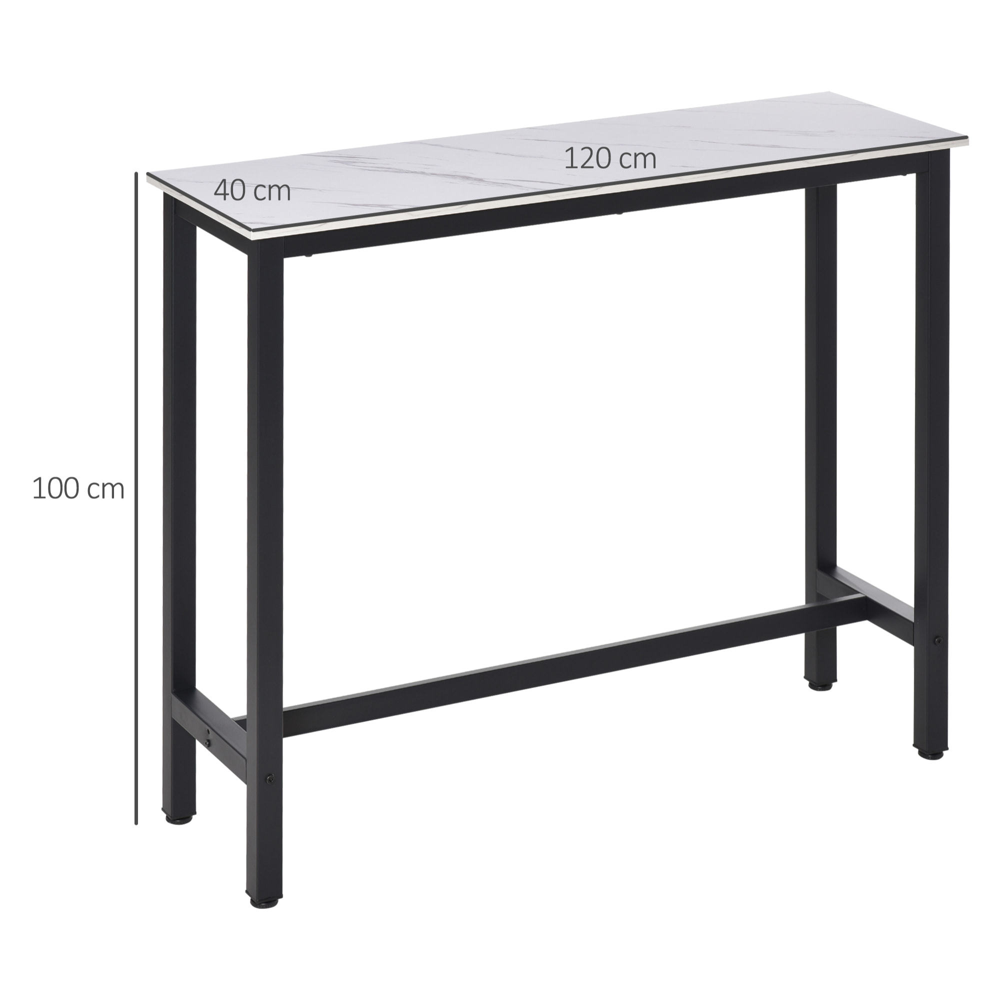 Table de bar - table haute de cuisine - dim. 120 x 40 x 100 cm - aspect marbre blanc acier noir