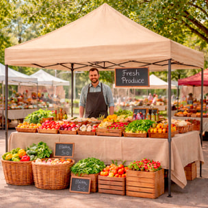 Gazebo Professionale 3x3 M Richiudibile Automatico In Acciaio Con Telo Oxford 1200D PVC Impermeabile e Anti UV A Fisarmonica con Sacche Beige