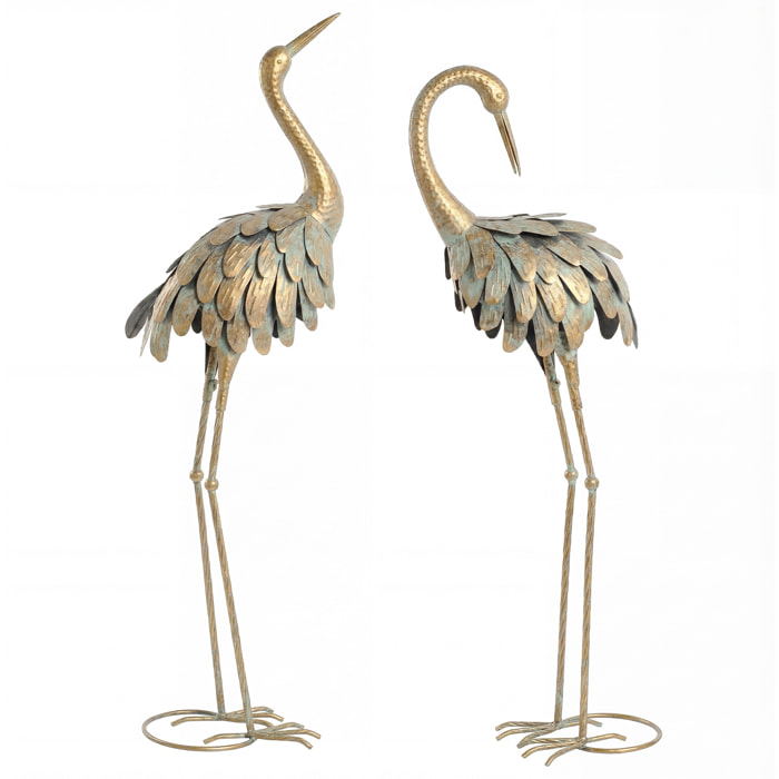 Lot de 2 statues de jardin héron - décoration de jardin - métal doré effet vieilli