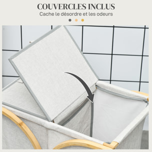 Panier à linge corbeille à linge bac linge sale 2 paniers bambou polyester gris