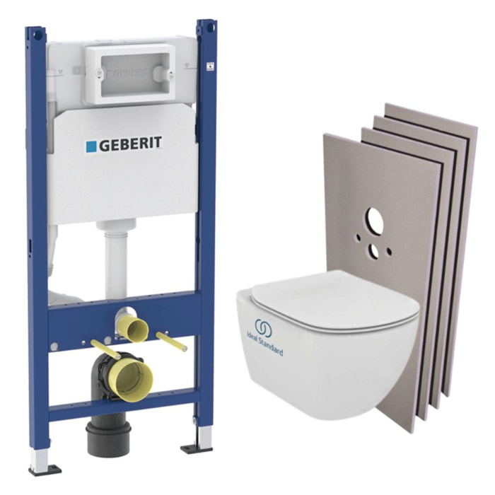 Pack WC Bati support Geberit + Cuvette Ideal Standard Tesi Aquablade + Plaque blanche + Set habillage (TesiGeb3-sabo)