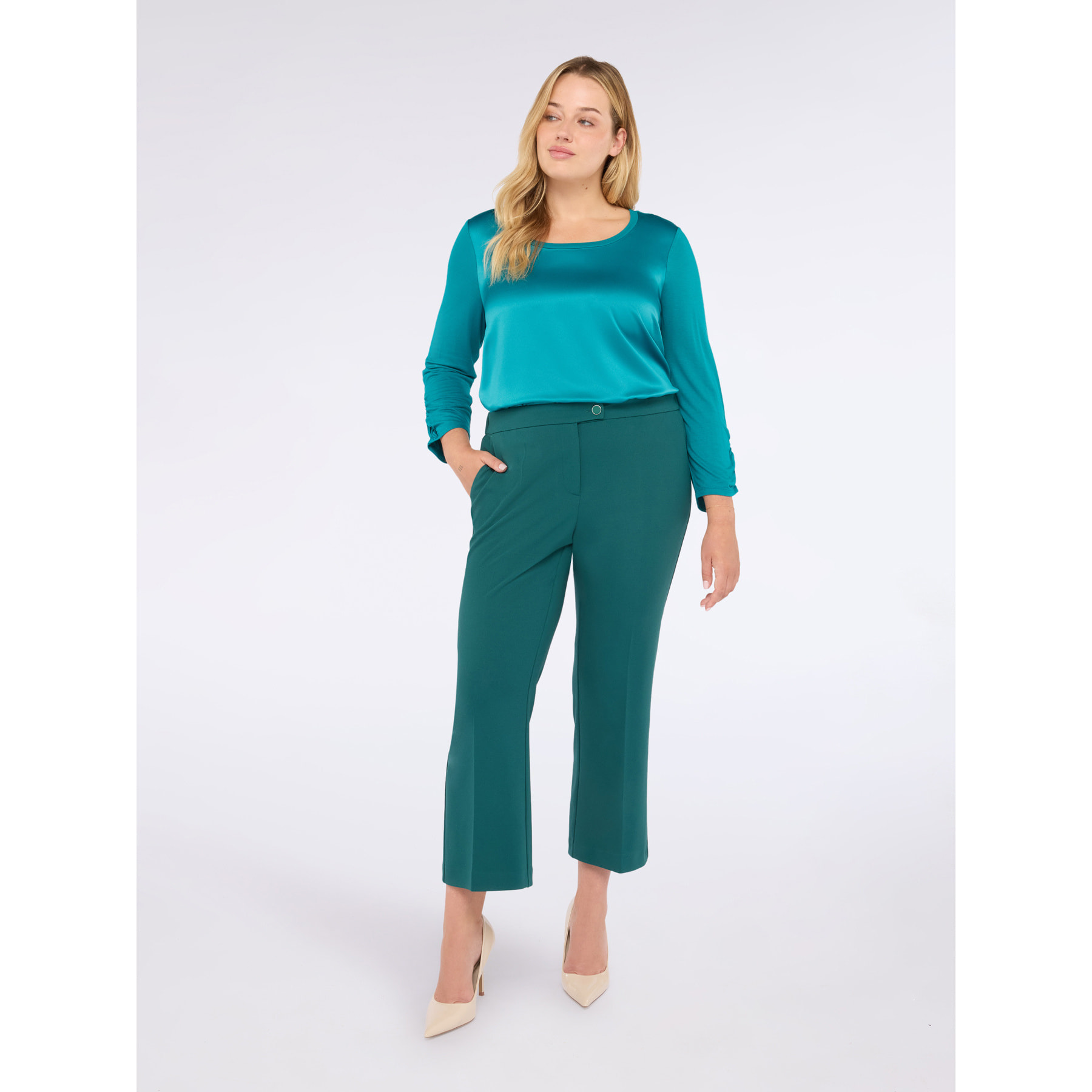 Fiorella Rubino - Camiseta bimaterial con mangas tres cuartos en satén y jersey - Petrol Blue