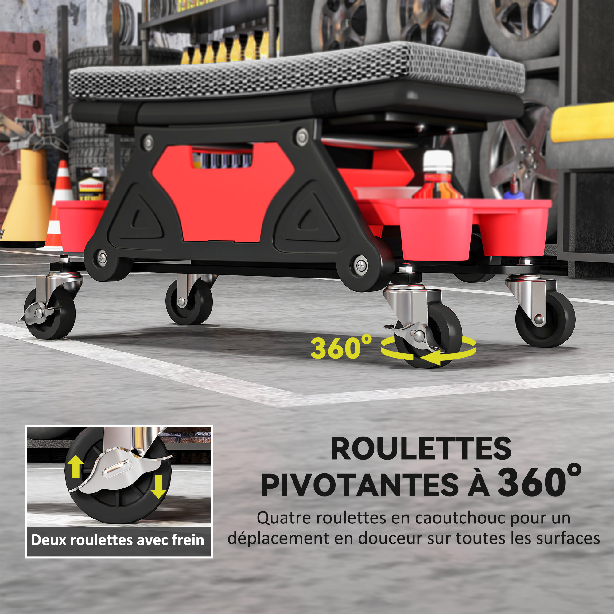 Tabouret d'atelier mobile - tabouret de mécanicien - coussin intégré, 3 plateaux outils - noir rouge