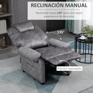 Sillón Relax Reclinable Manual, Sillón Relax de Terciopelo con Reposabrazos, Reposapiés, Acolchado Grueso, Butaca Reclinable hasta 135º para Salón, Dormitorio, Oficina, Gris