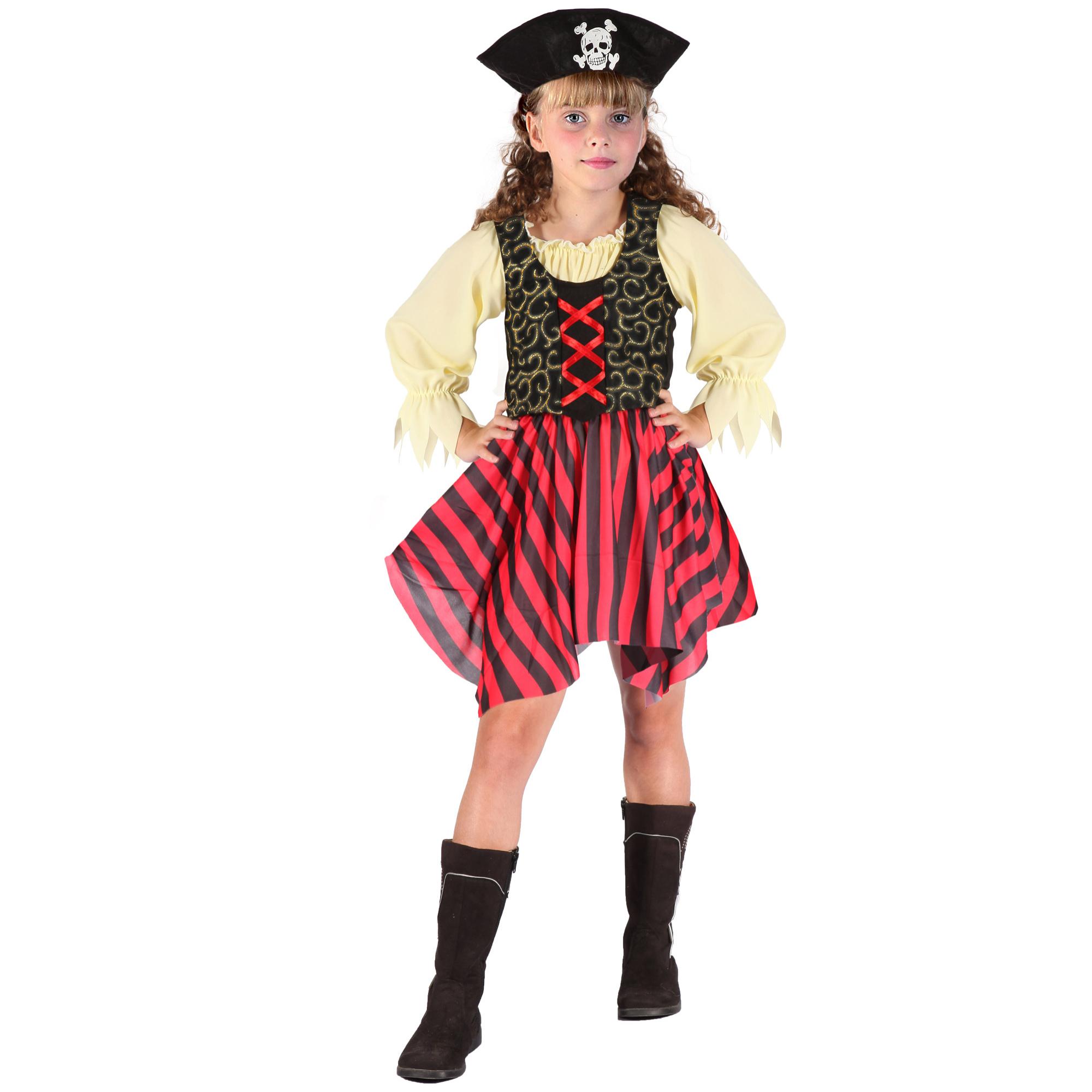 Abito Costume Carnevale Corsara Rosso Con Cappello Bambina