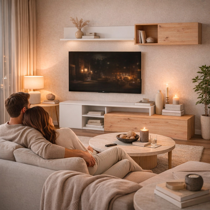 Parete Attrezzata Soggiorno Mobile TV Con Modulo Superiore E Mensola Foro Passacavi Moderno Per Zona Living 220 x 44 x 40 Cm Colore Bianco E Rovere