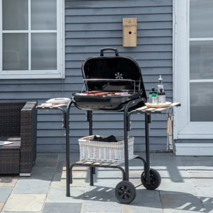 Barbecue à charbon - BBQ grill sur pied avec couvercle, roulettes - 3 étagères, 3 crochets, 3 ustensiles, 2 grilles, cuve charbon amovible - bois acier émaillé noir