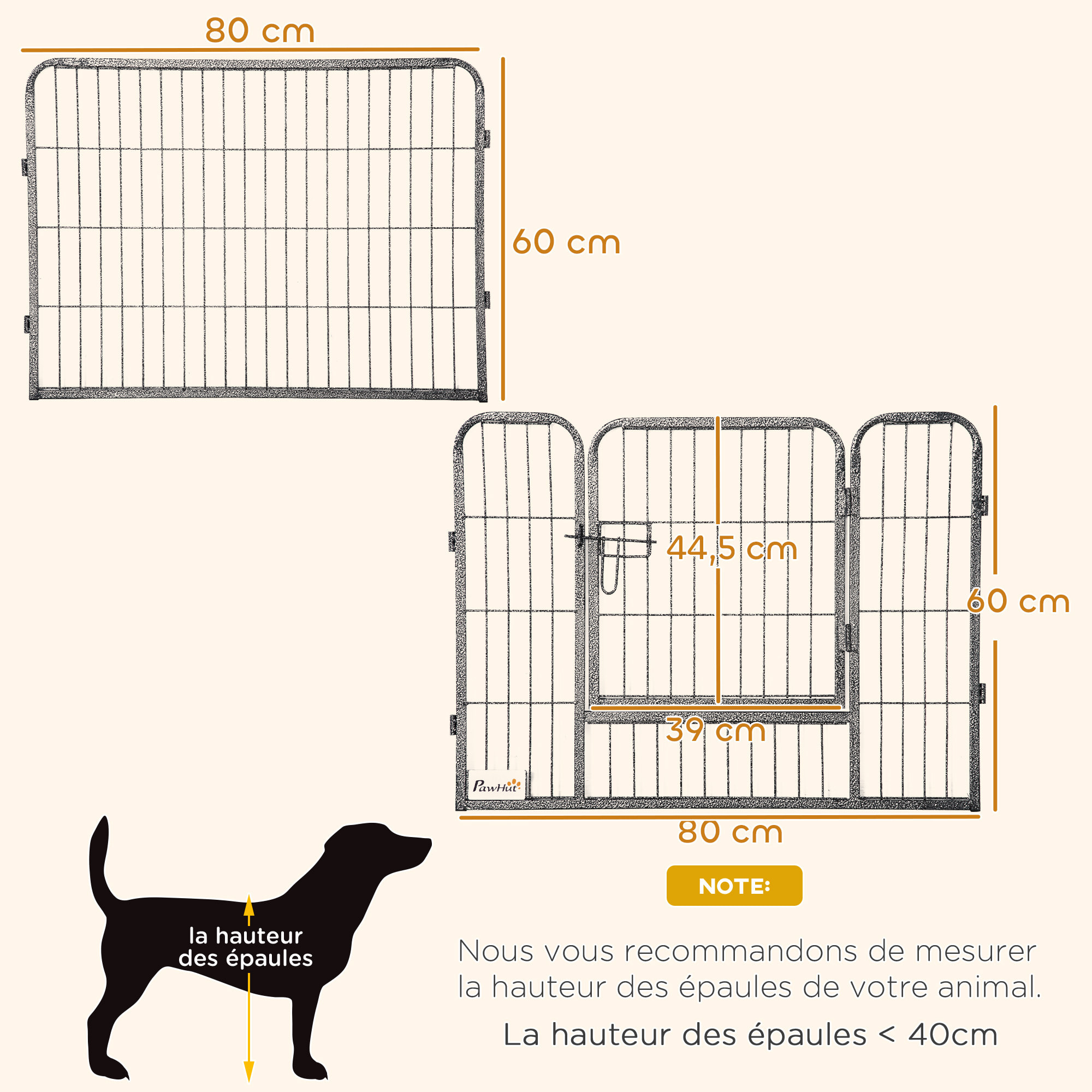 Parc enclos chien modulable pliable 16 panneaux H.60cm 2 portes verrouillables acier époxy gris moucheté